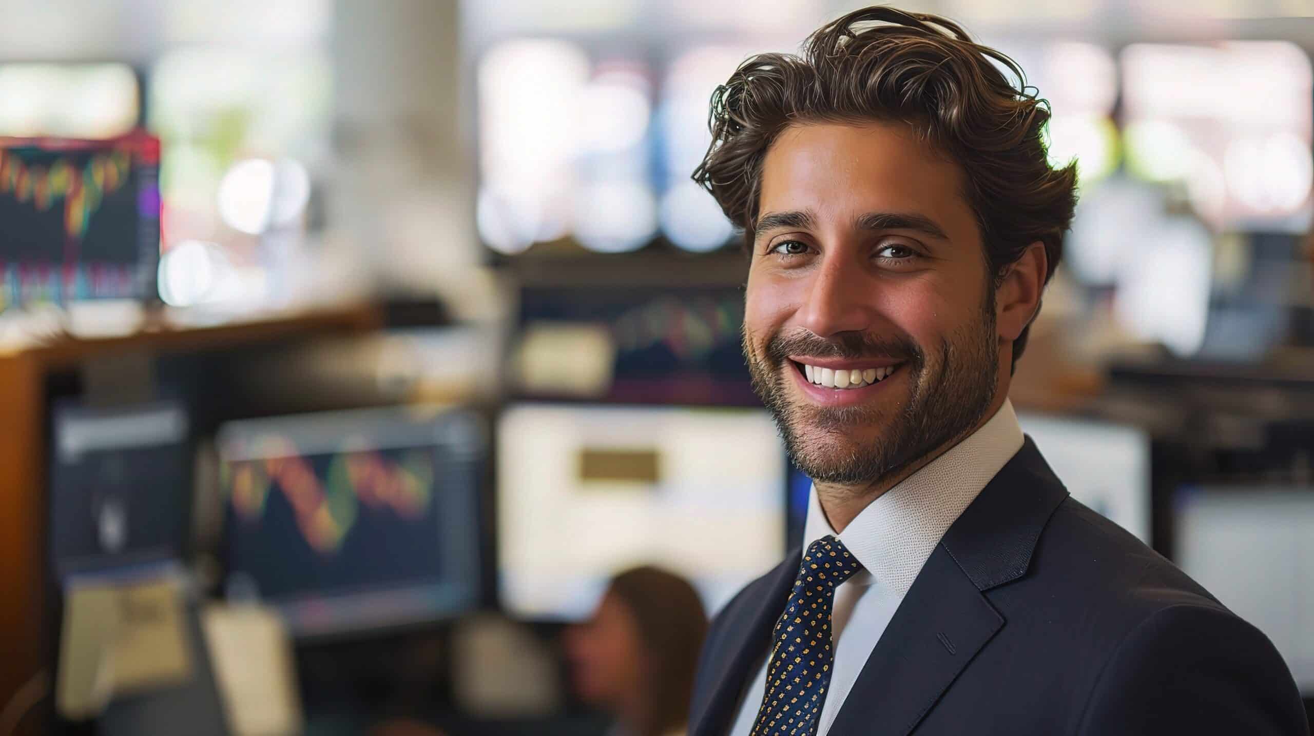 A professional man in an office setting, displaying a joyful smile and a sense of pride in his work as a stock market broker, emphasizing his career and success in trading and investment, neutral shades, copy space, High quality, --ar 16:9 --stylize 250 Job ID: 974928a6-ca10-4082-9512-9add99c0a4a6